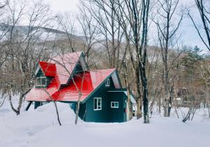 白马村Piccolo House的雪中带红色屋顶的房子