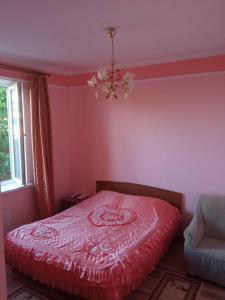 乔尔蓬阿塔Гостевой дом "Ысык-Куль - Светлана"的一间卧室配有一张红色的床和吊灯。