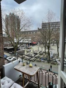 鹿特丹Stylish apartment @ city centre的阳台配有桌子,享有公园的景致。
