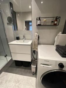 鹿特丹Stylish apartment @ city centre的一间带水槽和镜子的小浴室