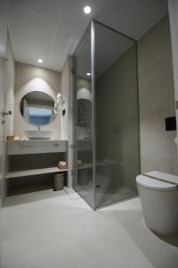 瓦伦西亚Suites Puerto Valencia的带淋浴、卫生间和盥洗盆的浴室