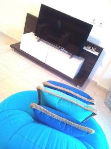 诺亚福克Villa Fokea的电视旁的地板上有一个蓝色枕头