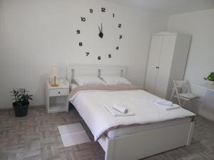 维尔蒂尼克Apartman Flora Vrdnik的卧室配有一张床,墙上挂着一个钟