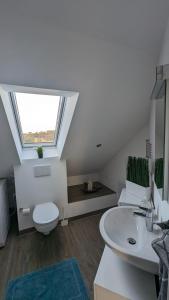 EchingHelle Wohnung mit zwei Schlafzimmern的一间带卫生间和水槽的浴室,并设有一个窗户