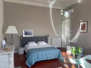 马赛Maison Dormoy的一间卧室配有一张带蓝色毯子和一张桌子的床。