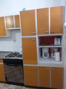 鲁巴达Kiwi Nest的厨房配有木制橱柜和炉灶。