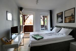 波兰尼卡-兹德鲁伊Apartamenty Dębowa 3的一间卧室配有一张床、一张书桌和一个窗户。