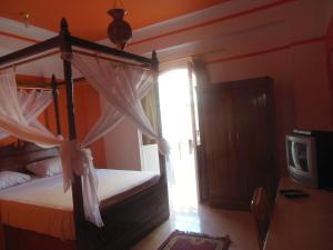 卢克索卢克索克娄巴特拉酒店的一间卧室设有天蓬床和窗户。