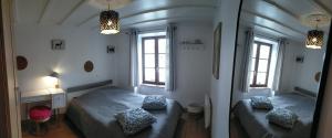 拉图多韦尔尼Maison au coeur du Sancy à la Tour d'Auvergne的一间卧室设有两张床和两个窗户。