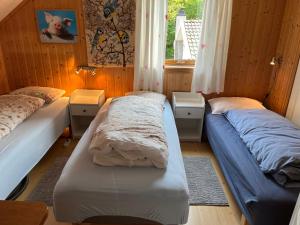 HidraBjørkely gård的一间卧室设有两张床和窗户。