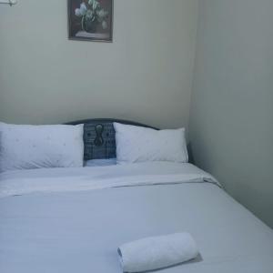 马查科斯Mileslin Homes的一张带白色床单和枕头的床