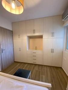 阿纳维索斯Sea Through Apartment Anavissos的大房间设有白色橱柜和木地板