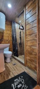 K'veda BzubzuShato Maxuntseti的浴室设有卫生间和带木墙的淋浴。
