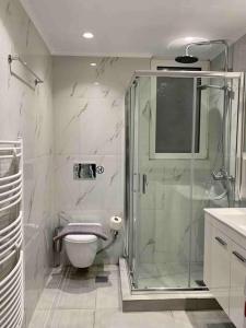 罗德镇Luxury spacious apartment in the heart of the city的带淋浴和卫生间的浴室