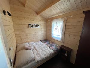 SkórczMark VI Mirotki 12 ImWald Bory Tucholskie的小木屋内的一张小床,设有窗户