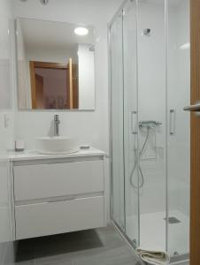 圣地亚哥－德孔波斯特拉PR拉巴斯酒店的白色的浴室设有水槽和淋浴。