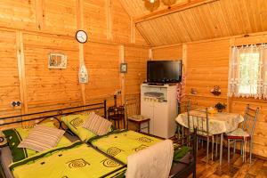 戈乌达普domek na Mazurach的客房设有两张床、一张桌子和一台电视机。