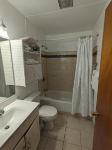 本宁顿本宁顿汽车旅馆的浴室配有卫生间、浴缸和水槽。