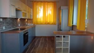 波兹南Apartament Słoneczny的厨房配有蓝色橱柜和黄色窗帘