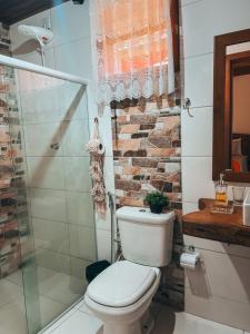 新文达移民镇Chalés Vale das Pedras的一间带卫生间和玻璃淋浴间的浴室