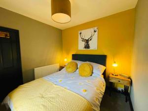 BlaenavonSTANLEY HOUSE 3 bed period house in Heritage Town - Brecon Beacons的一间卧室配有一张带两个黄色枕头的床