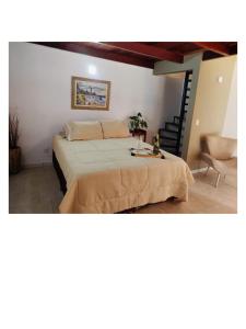 伊皮亚巴斯La Remonta Residence的一间带大床和楼梯的卧室