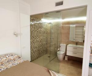 科尼尔-德拉弗龙特拉El Rincón de Madera - Apartamento céntrico en Conil的带淋浴和卫生间的浴室