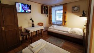 洛弗附近魏斯巴赫Gasthof Geronimo的一间卧室配有两张床、一张桌子和一台电视。