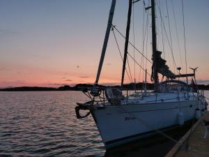 哈尔斯塔Liveaboard sailing tour in Harstad islands的船坞上的帆船,日落