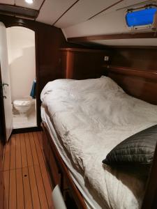 哈尔斯塔Liveaboard sailing tour in Harstad islands的一间卧室配有床,船上设有卫生间