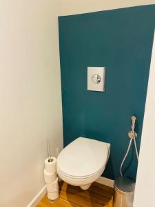 卡尔卡松Studio du château climatisée的浴室设有蓝色墙壁上的白色卫生间