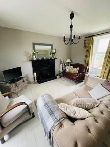 斯奇博瑞恩Idyllic Family farmhouse in beautiful West Cork的带沙发和壁炉的客厅