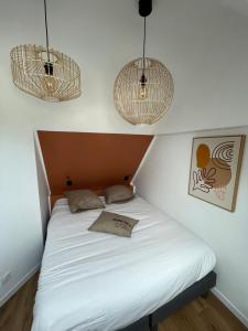巴茨岛Maison de charme avec jacuzzi - Bretagne / île de Batz的一张位于带两个吊灯的房间的床位