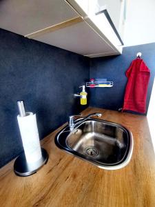 弗赖施塔特Zentrumsnahe Privatunterkunft Freistadt的厨房柜台设有水槽和红色毛巾