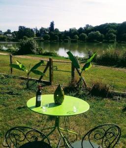PrécyMaison face à l'étang的一张绿桌,上面有一瓶葡萄酒