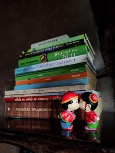 ShumnatitsaВила Перуле Villa Perule - Handmade cozy wooden villa in the Rhodope mountain的书架上摆着两把娃娃的书