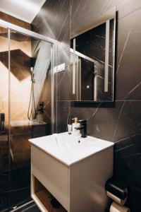 克卢日-纳波卡Pensiunea Brici Junior的浴室配有白色水槽和淋浴。