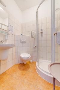 马佐夫舍地区格罗济斯克Pokoje Hotelowe Norbit的浴室配有卫生间、盥洗盆和淋浴。