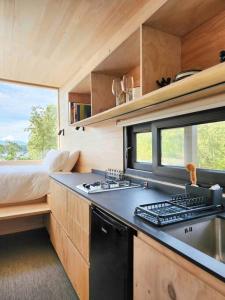 弗鲁蒂亚尔Exclusiva Cabin en tranquilo campo a orillas del lago con vista a volcanes - hot tub privado的厨房配有炉灶、水槽和床。