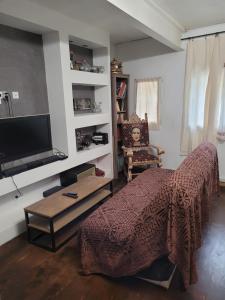 CeyresteLe toit du monde的一间卧室配有一张床、一台电视和一把椅子