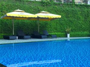 土龙木市Bcons Riverside Hotel Binh Duong的山 ⁇ 旁带椅子和遮阳伞的游泳池
