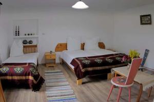 ŞoarşAndrada's House Soars的一间卧室配有两张床、一张桌子和一把椅子