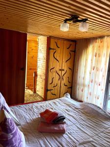 米库利钦У Болгарина的一间卧室设有一张床和木墙
