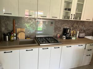 那沃达利Vila Alemary的厨房配有白色橱柜和炉灶烤箱。