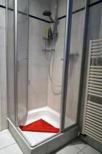 卡罗利嫩西尔Ferienwohnung Mühlenblick 3的浴室里设有红色垫子和淋浴