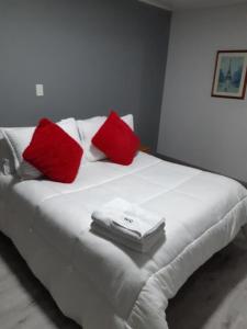 杜伊塔马HOTEL SUAREL CENTER的一张带红色和白色枕头的床