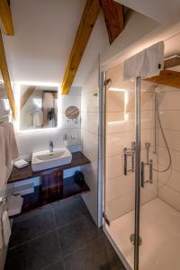 因特拉肯Swiss Inn & Apartments的一间带水槽和淋浴的浴室