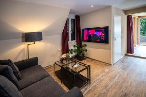 因特拉肯Swiss Inn & Apartments的客厅配有沙发和墙上的电视