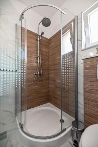比比涅Apartments MENA的浴室里设有玻璃门淋浴