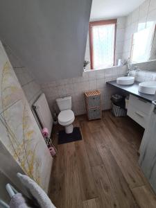 Saint-MauriceLa Brise的一间带卫生间和两个盥洗盆的浴室